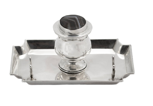 Antique Sterling Silver Inkwell & Pen Stand With Banded Agate Lid Edwardian 1907 (3107)
