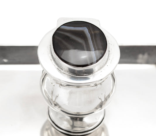 Antique Sterling Silver Inkwell & Pen Stand With Banded Agate Lid Edwardian 1907 (3107)