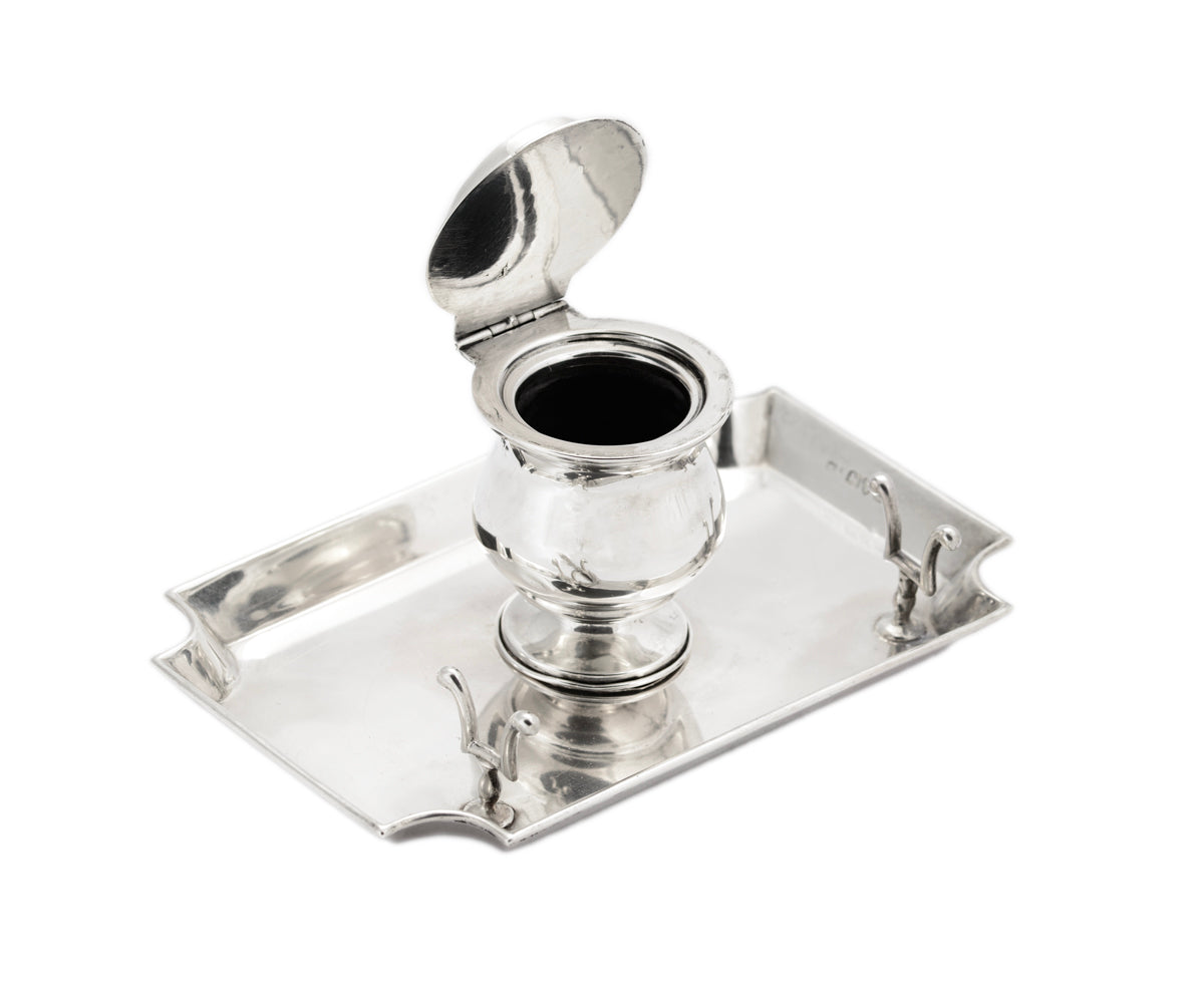 Antique Sterling Silver Inkwell & Pen Stand With Banded Agate Lid Edwardian 1907 (3107)