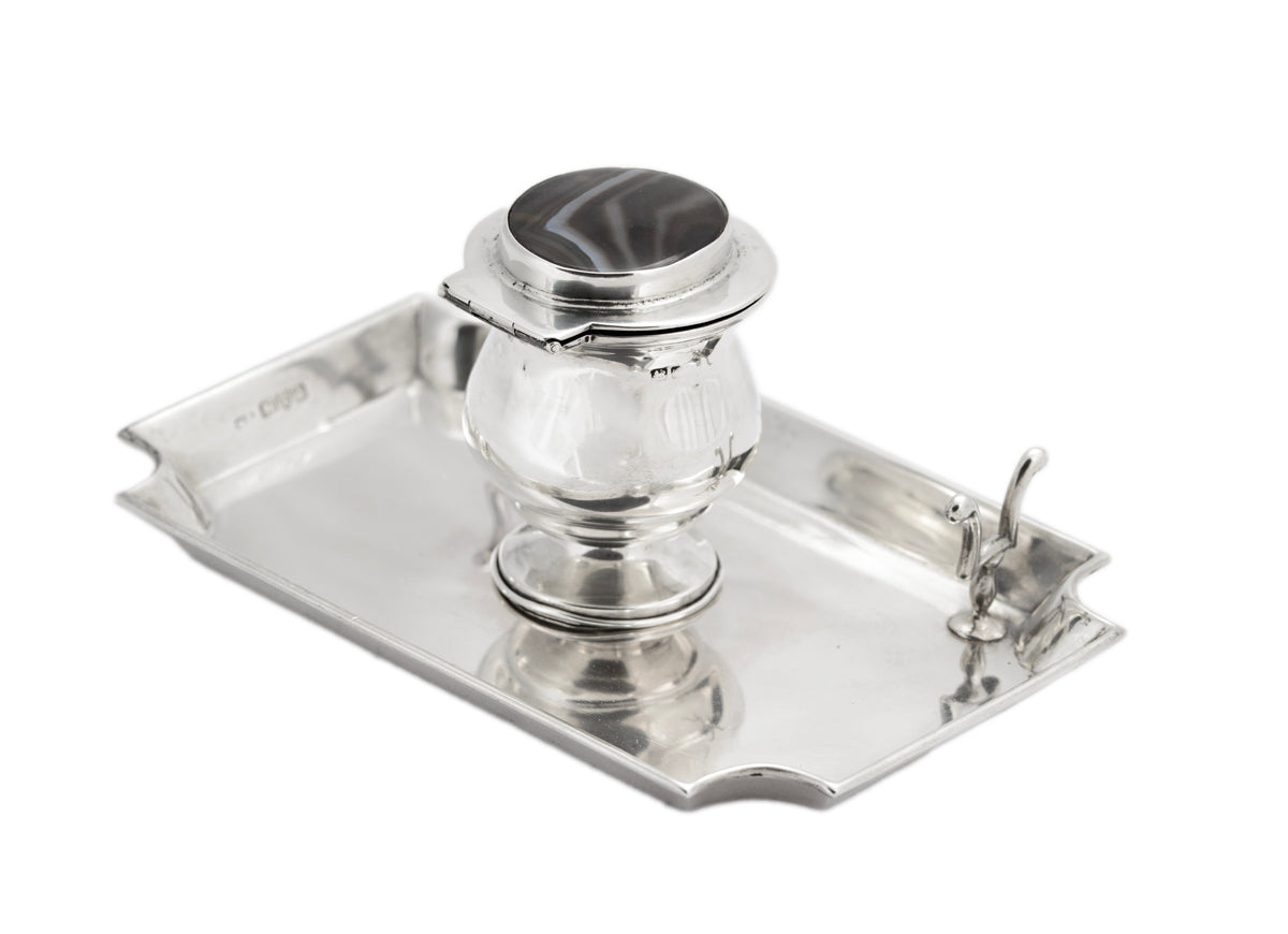 Antique Sterling Silver Inkwell & Pen Stand With Banded Agate Lid Edwardian 1907 (3107)
