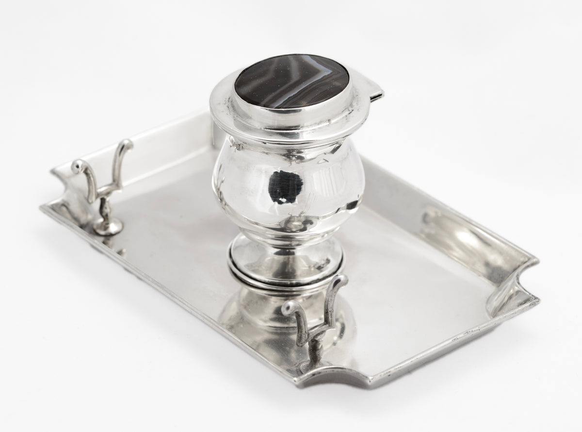 Antique Sterling Silver Inkwell & Pen Stand With Banded Agate Lid Edwardian 1907 (3107)