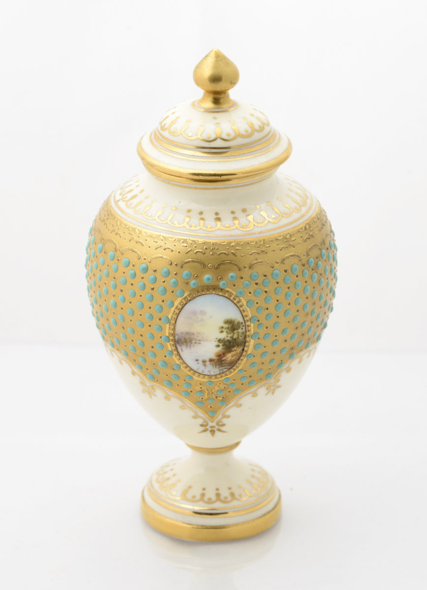 Antique Coalport Jewelled Turquoise Enamel Lidded Vase Loch Tay E O Ball (3109)