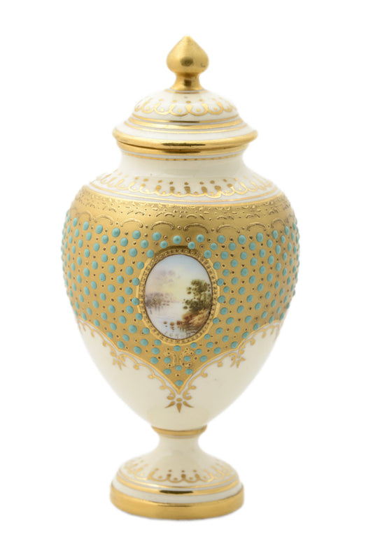 Antique Coalport Jewelled Turquoise Enamel Lidded Vase Loch Tay E O Ball (3109)