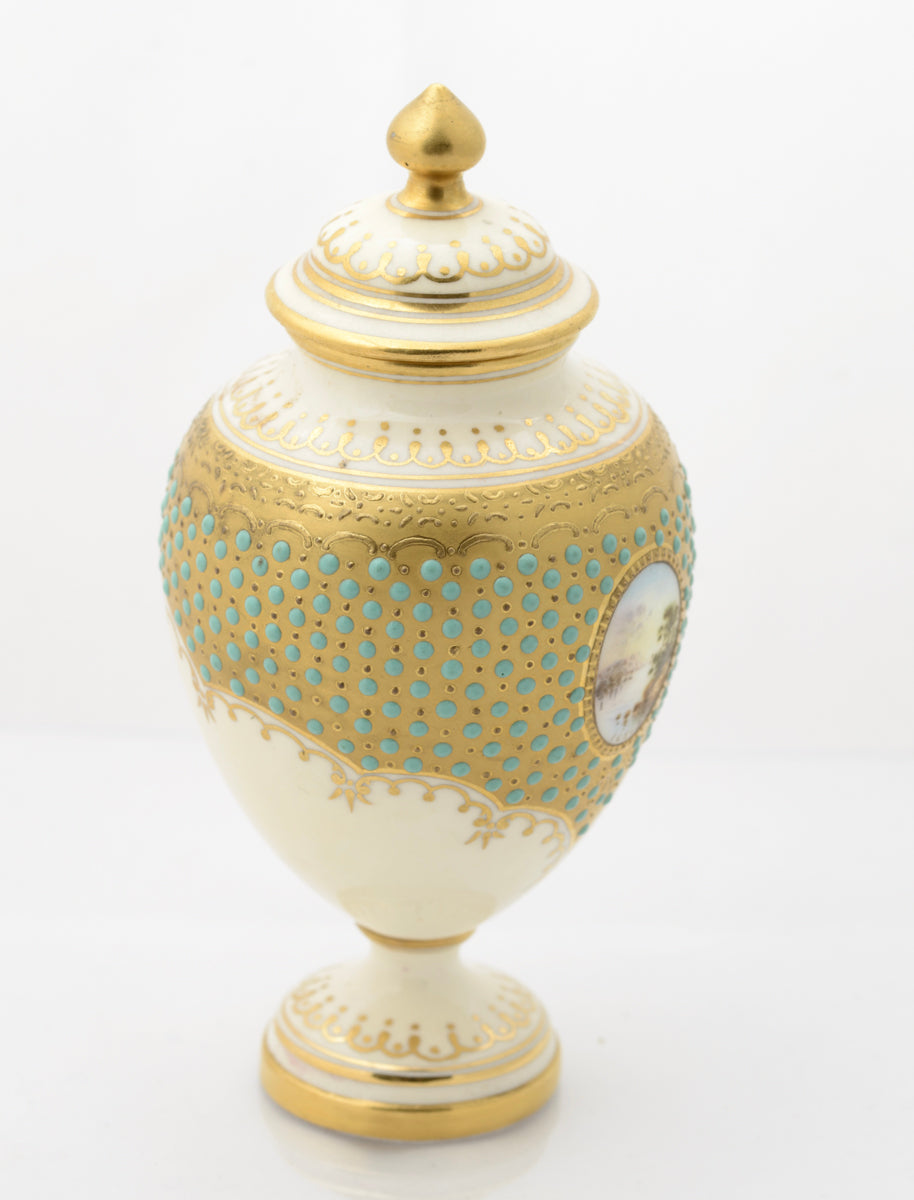 Antique Coalport Jewelled Turquoise Enamel Lidded Vase Loch Tay E O Ball (3109)
