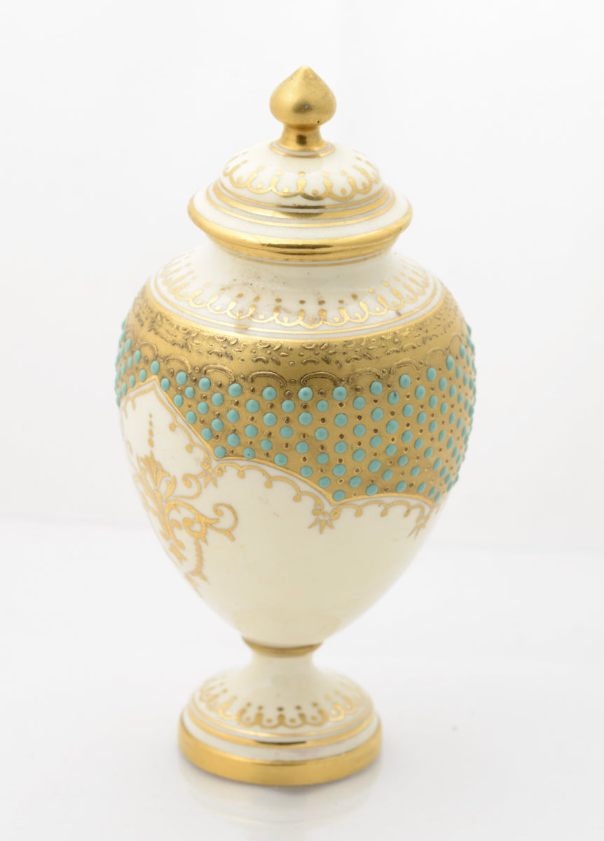 Antique Coalport Jewelled Turquoise Enamel Lidded Vase Loch Tay E O Ball (3109)