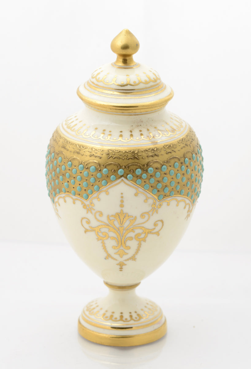 Antique Coalport Jewelled Turquoise Enamel Lidded Vase Loch Tay E O Ball (3109)