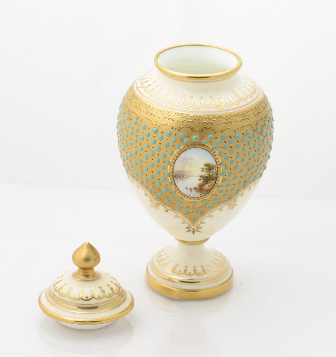 Antique Coalport Jewelled Turquoise Enamel Lidded Vase Loch Tay E O Ball (3109)
