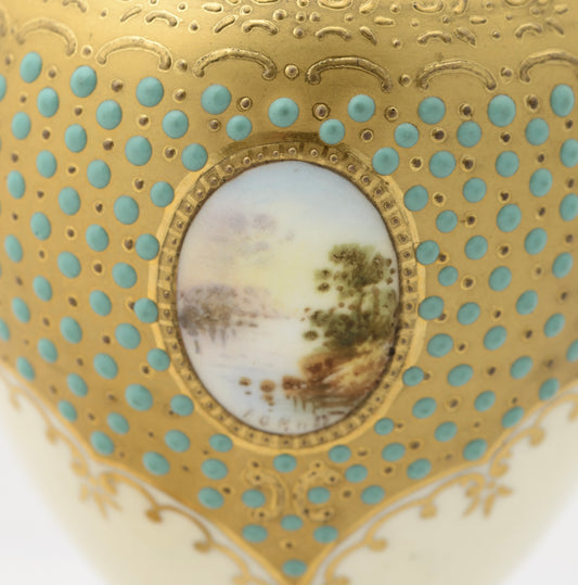 Antique Coalport Jewelled Turquoise Enamel Lidded Vase Loch Tay E O Ball (3109)