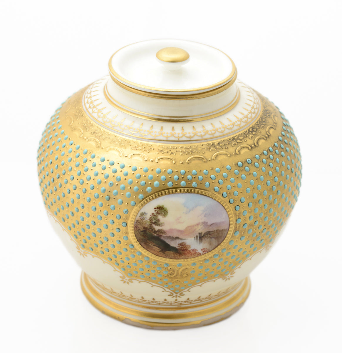 Antique Coalport Turquoise Jewelled Lidded Jar With Scottish Scene c.1910 (3110)