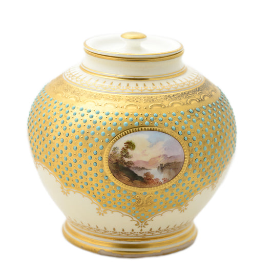 Antique Coalport Turquoise Jewelled Lidded Jar With Scottish Scene c.1910 (3110)