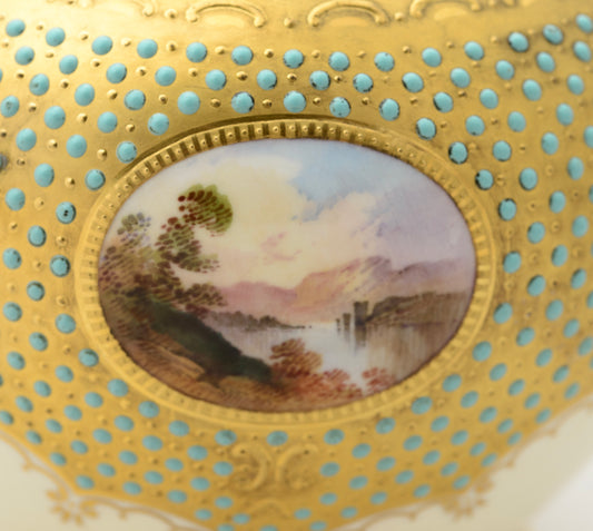 Antique Coalport Turquoise Jewelled Lidded Jar With Scottish Scene c.1910 (3110)