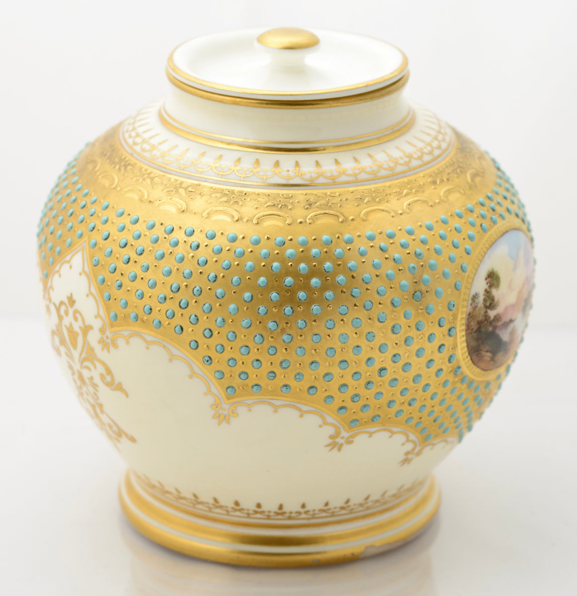 Antique Coalport Turquoise Jewelled Lidded Jar With Scottish Scene c.1910 (3110)