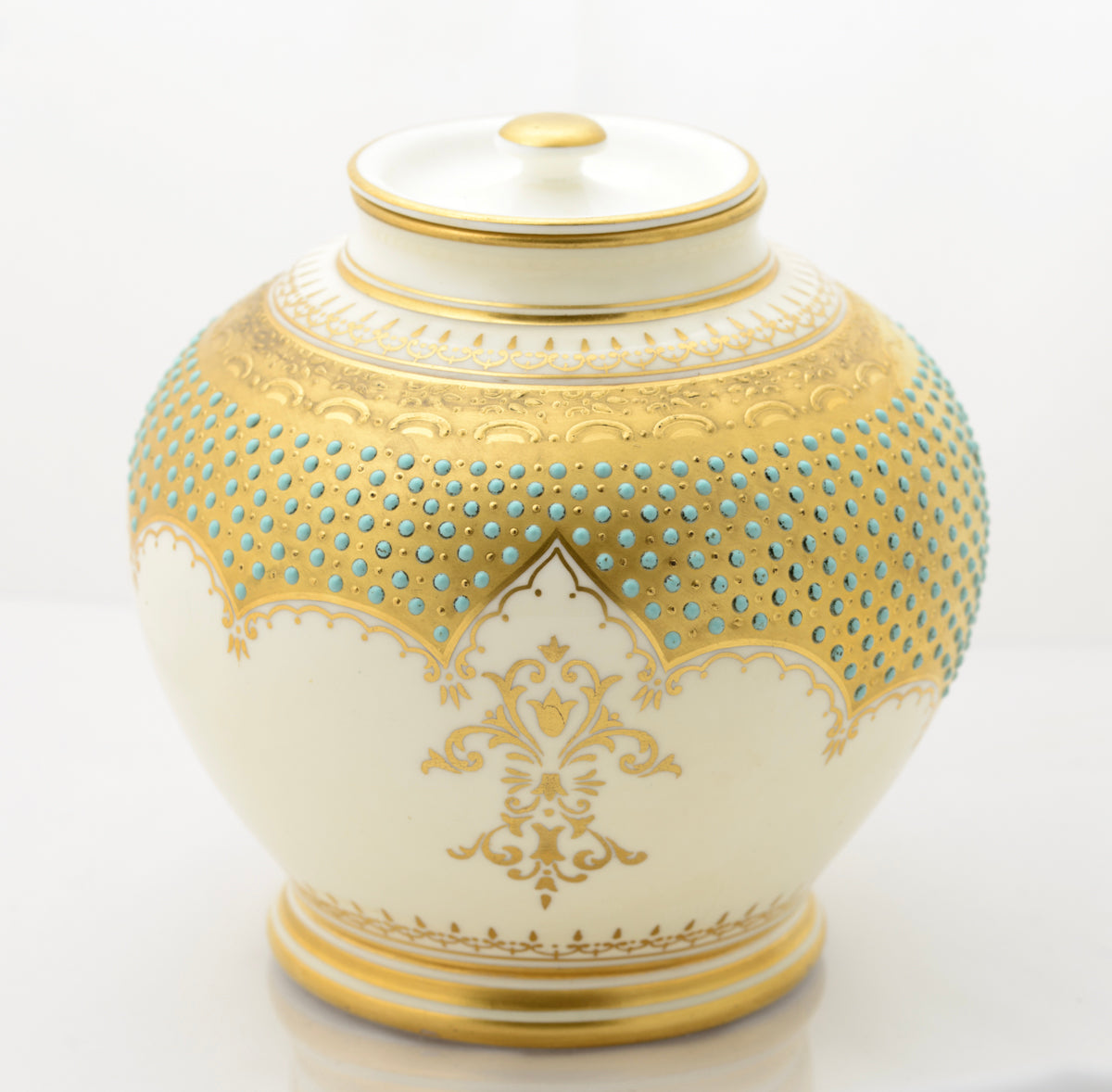 Antique Coalport Turquoise Jewelled Lidded Jar With Scottish Scene c.1910 (3110)