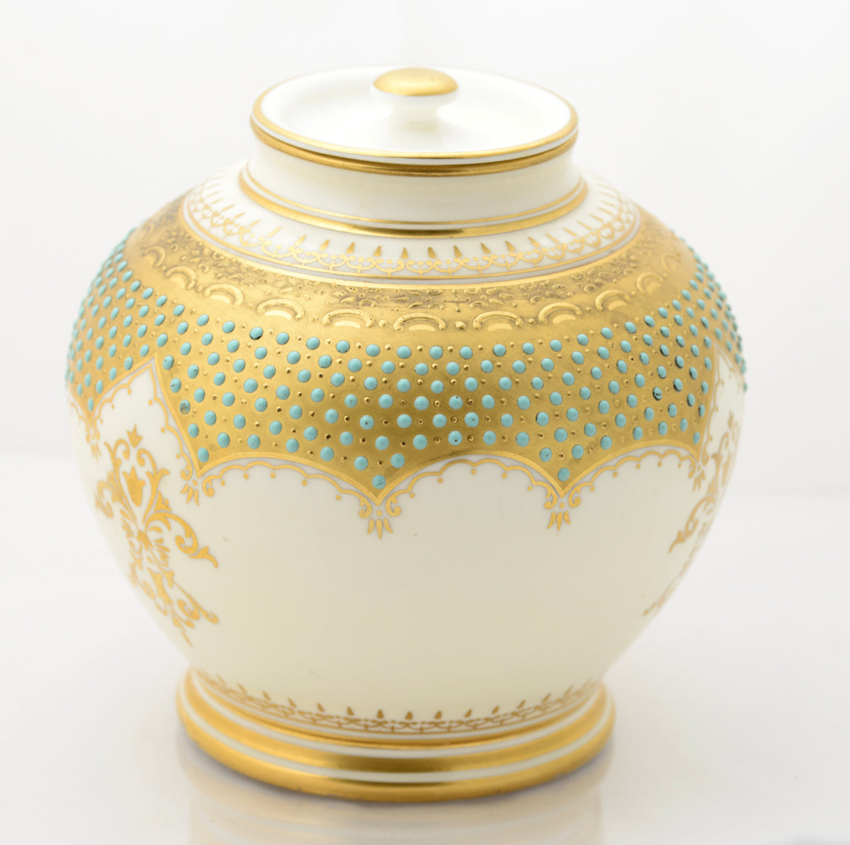 Antique Coalport Turquoise Jewelled Lidded Jar With Scottish Scene c.1910 (3110)