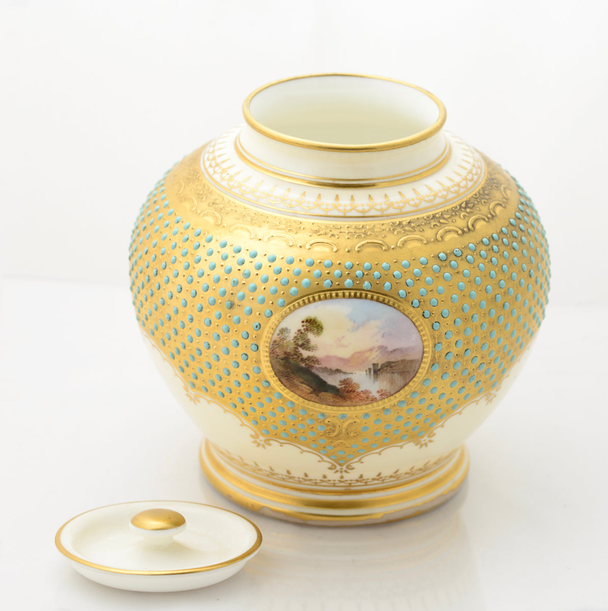 Antique Coalport Turquoise Jewelled Lidded Jar With Scottish Scene c.1910 (3110)