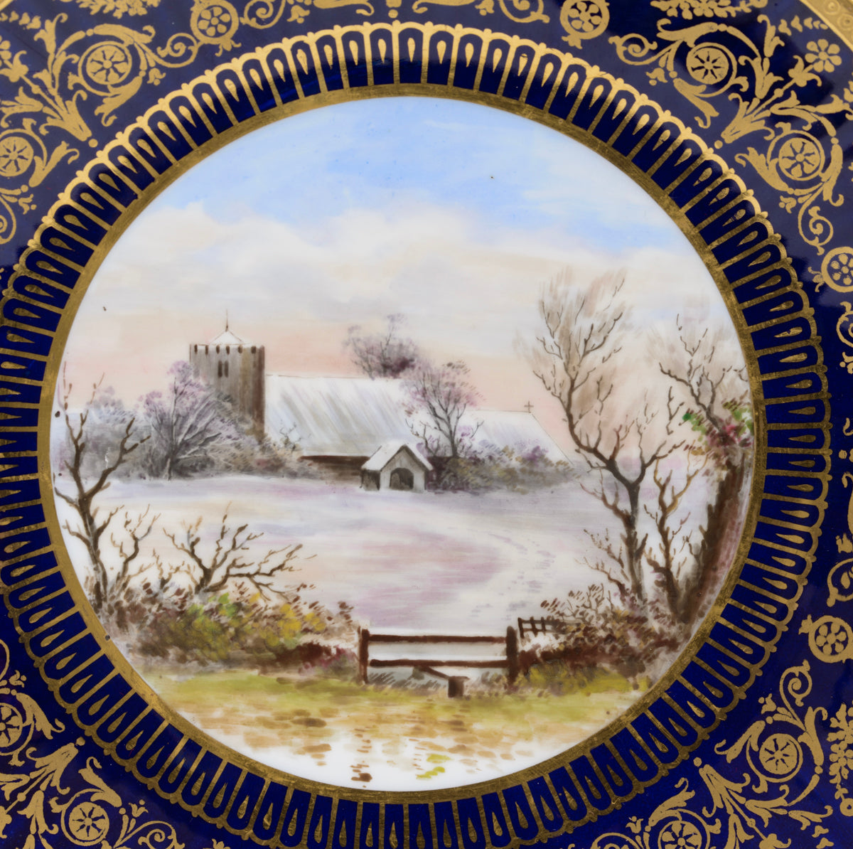 Antique Wedgwood China Hand Painted Dessert/Cabinet Plate Snowy Church Scene (3132)