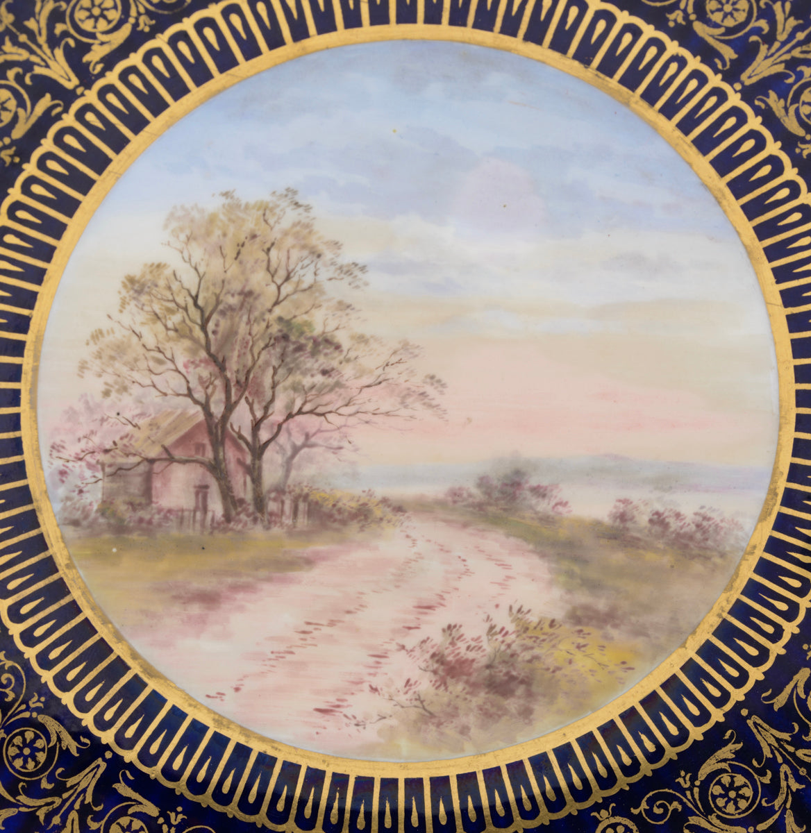 Antique Wedgwood China Hand Painted Tazza With Rural Lane & Wooden House Scene (3135)