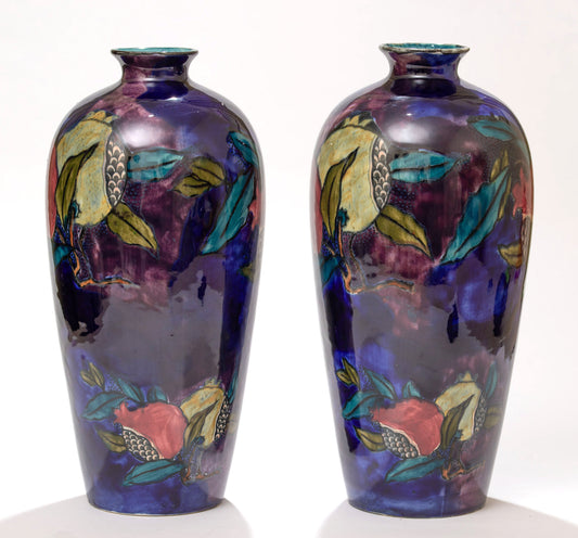 Pair S Hancock & Sons Rubens Ware Pomegranate Pattern Vases c1930 Art Deco (3159)