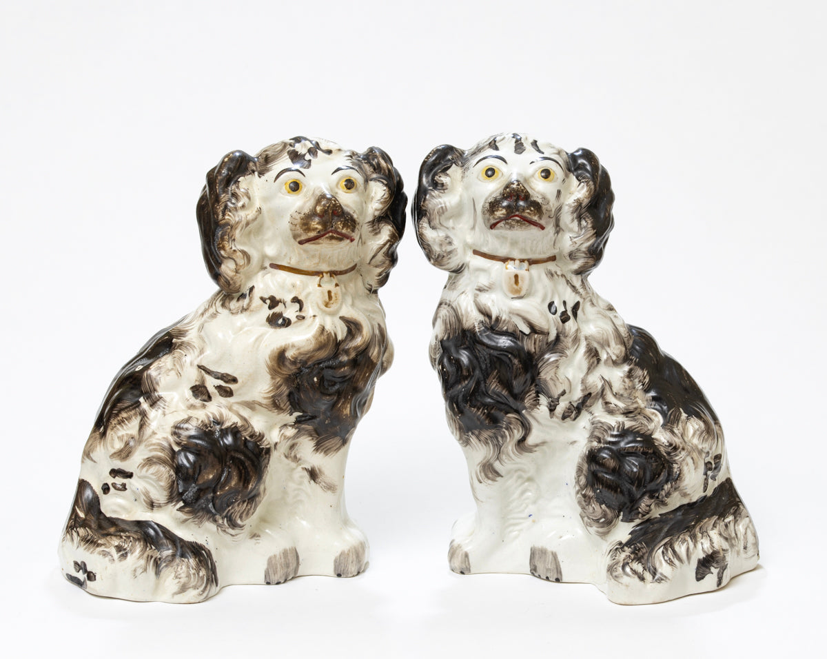 Pair Antique Staffordshire Pottery Spaniel Dogs Fireside/Mantle c.1860 (3162)