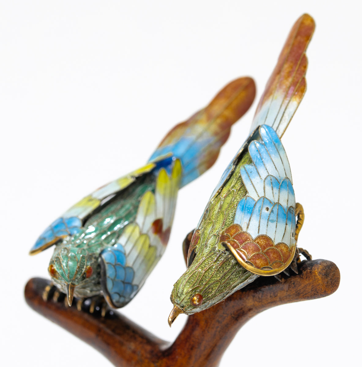 Pair Vintage Chinese Silver Cloisonne Birds Mounted On Wooden Plinth (3163)