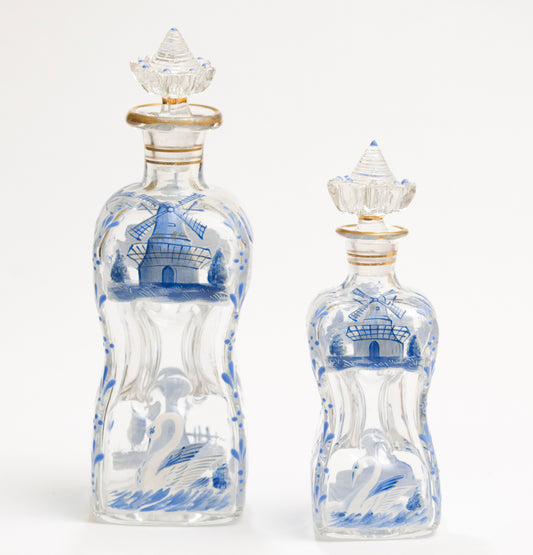 Two Antique Dutch Delft Hand Painted Glass Bottles/Kluck Decanters (3174)