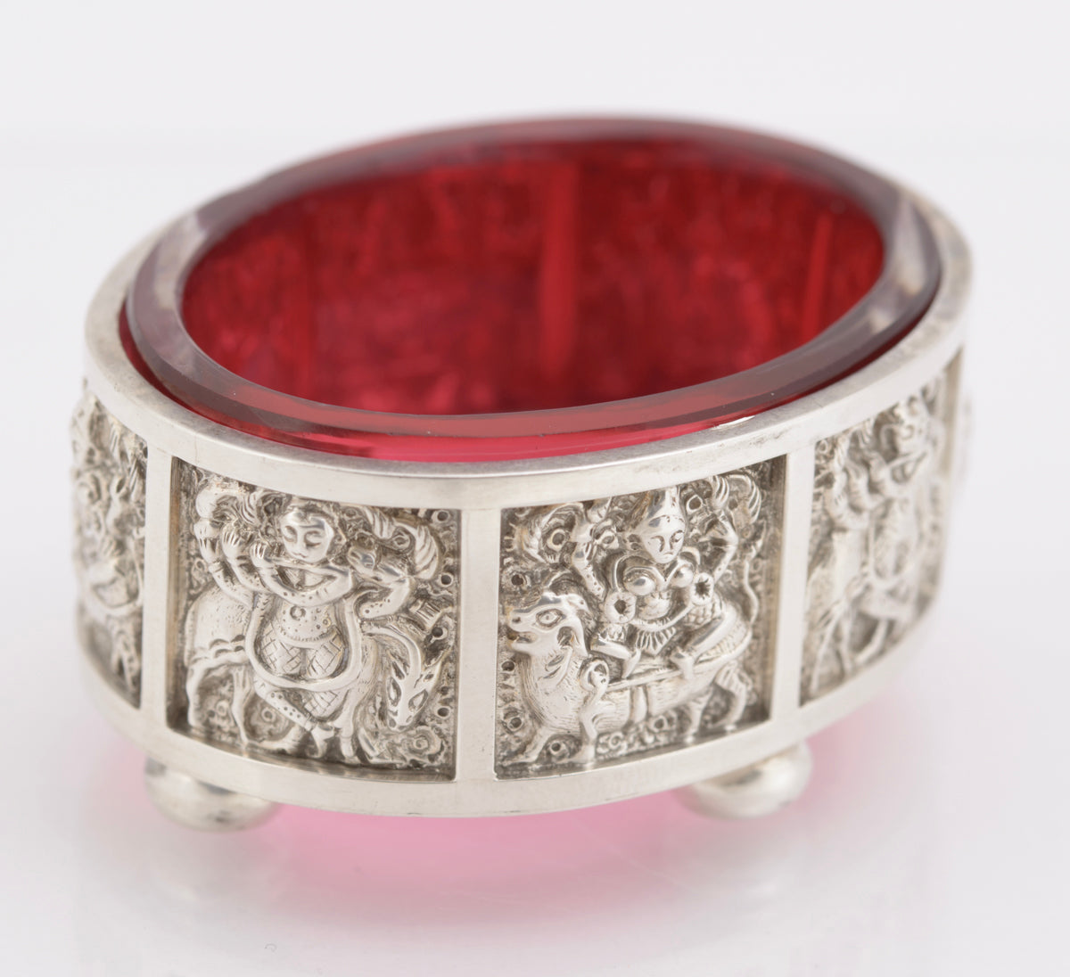 Pair Antique Victorian Sterling Silver & Cranberry Glass Salts Anglo Indian (3233)