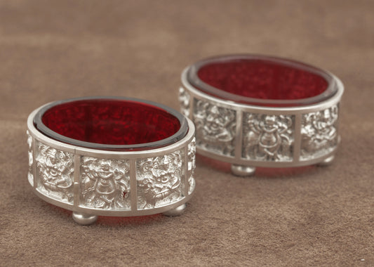 Pair Antique Victorian Sterling Silver & Cranberry Glass Salts Anglo Indian (3233)
