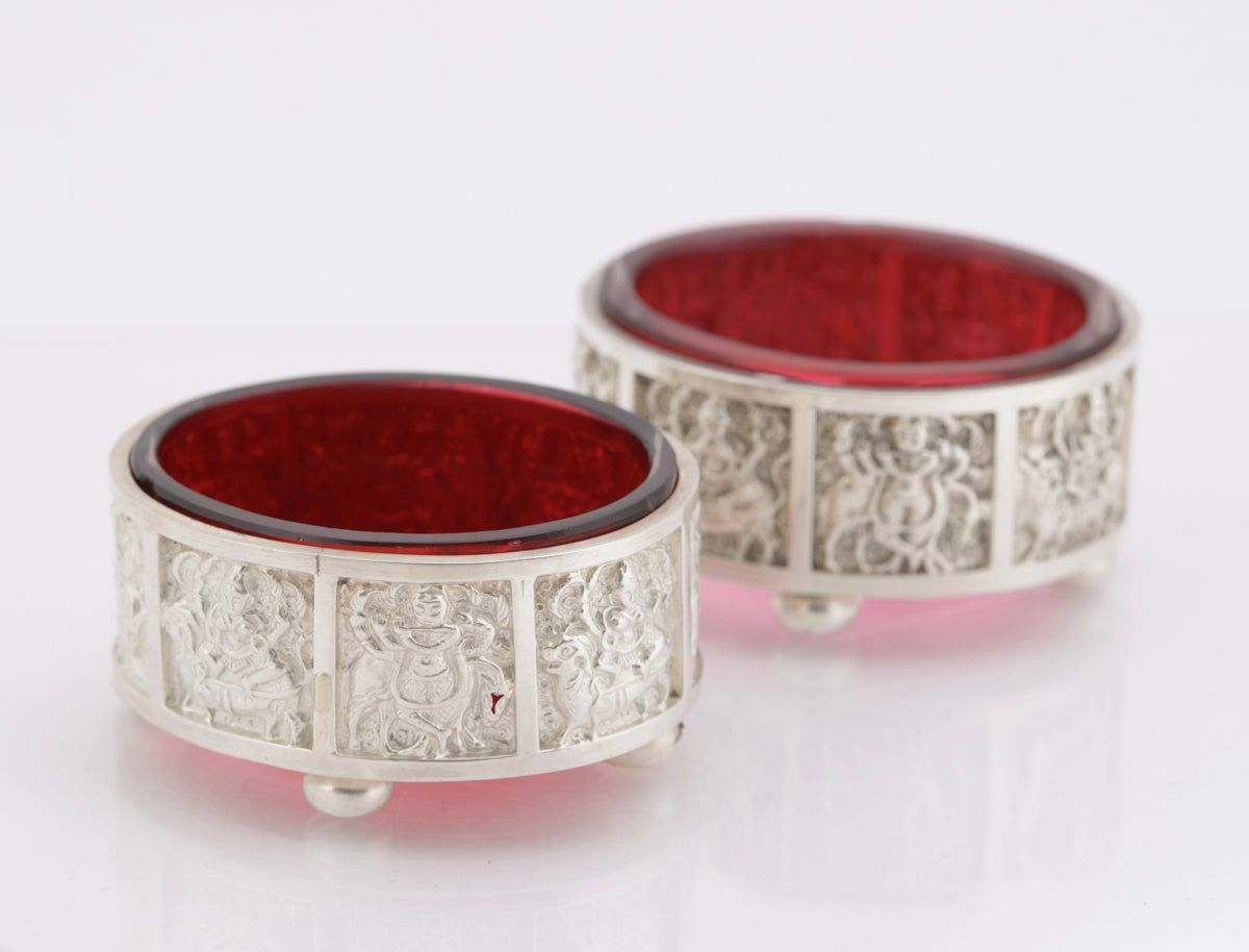 Pair Antique Victorian Sterling Silver & Cranberry Glass Salts Anglo Indian (3233)