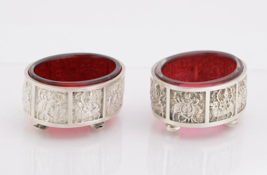 Pair Antique Victorian Sterling Silver & Cranberry Glass Salts Anglo Indian (3233)
