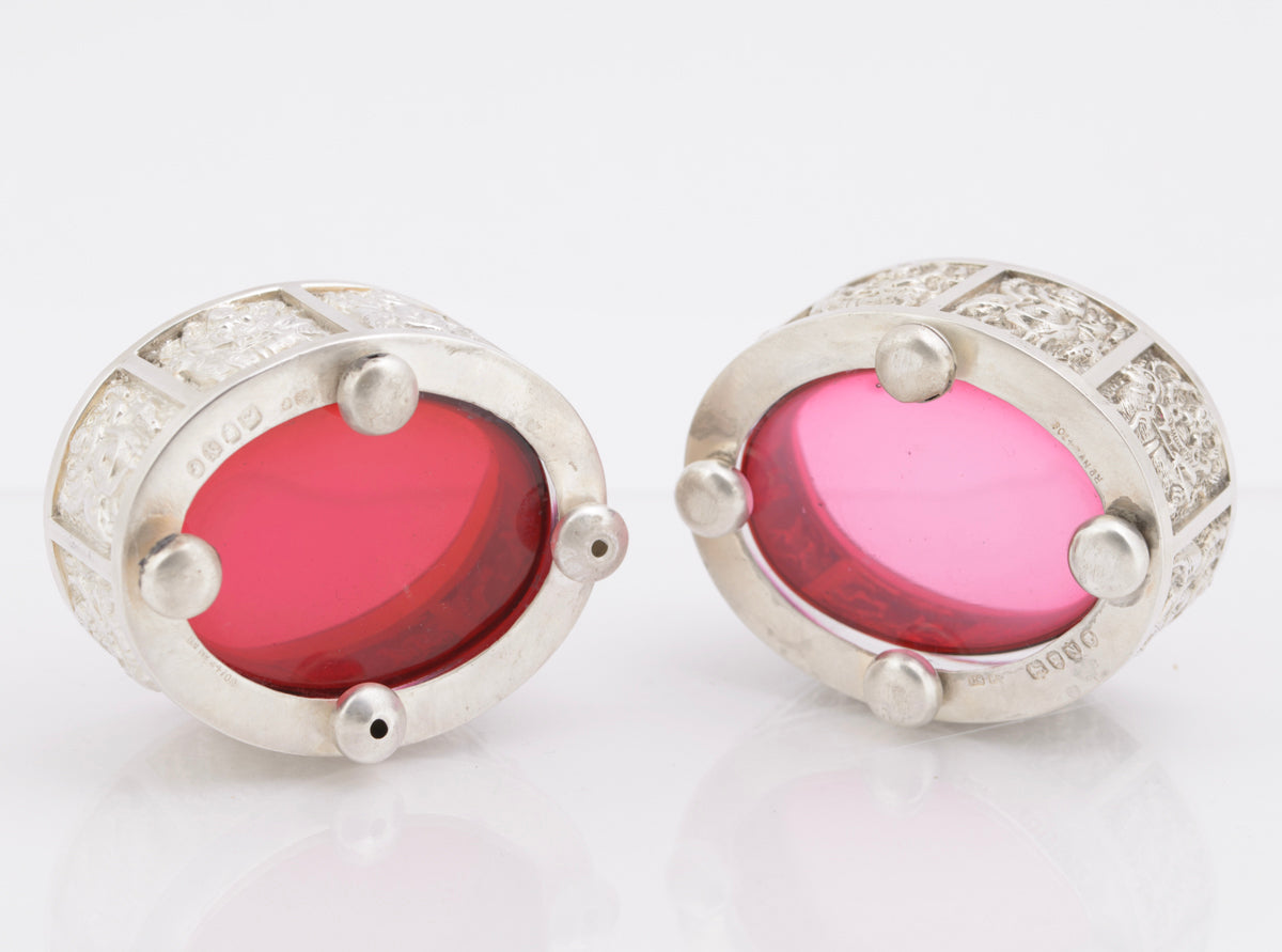 Pair Antique Victorian Sterling Silver & Cranberry Glass Salts Anglo Indian (3233)