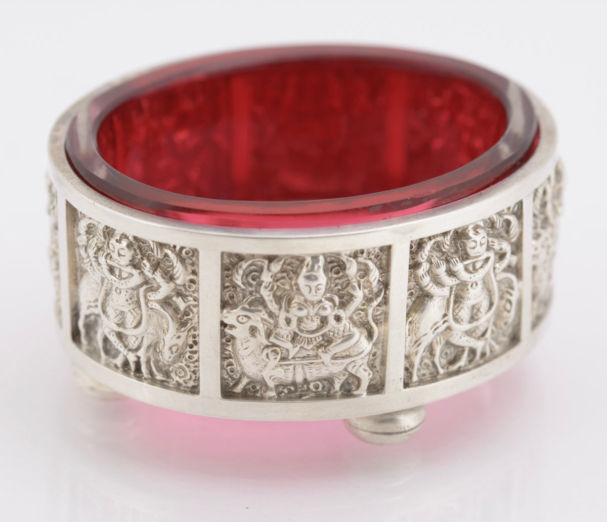 Pair Antique Victorian Sterling Silver & Cranberry Glass Salts Anglo Indian (3233)