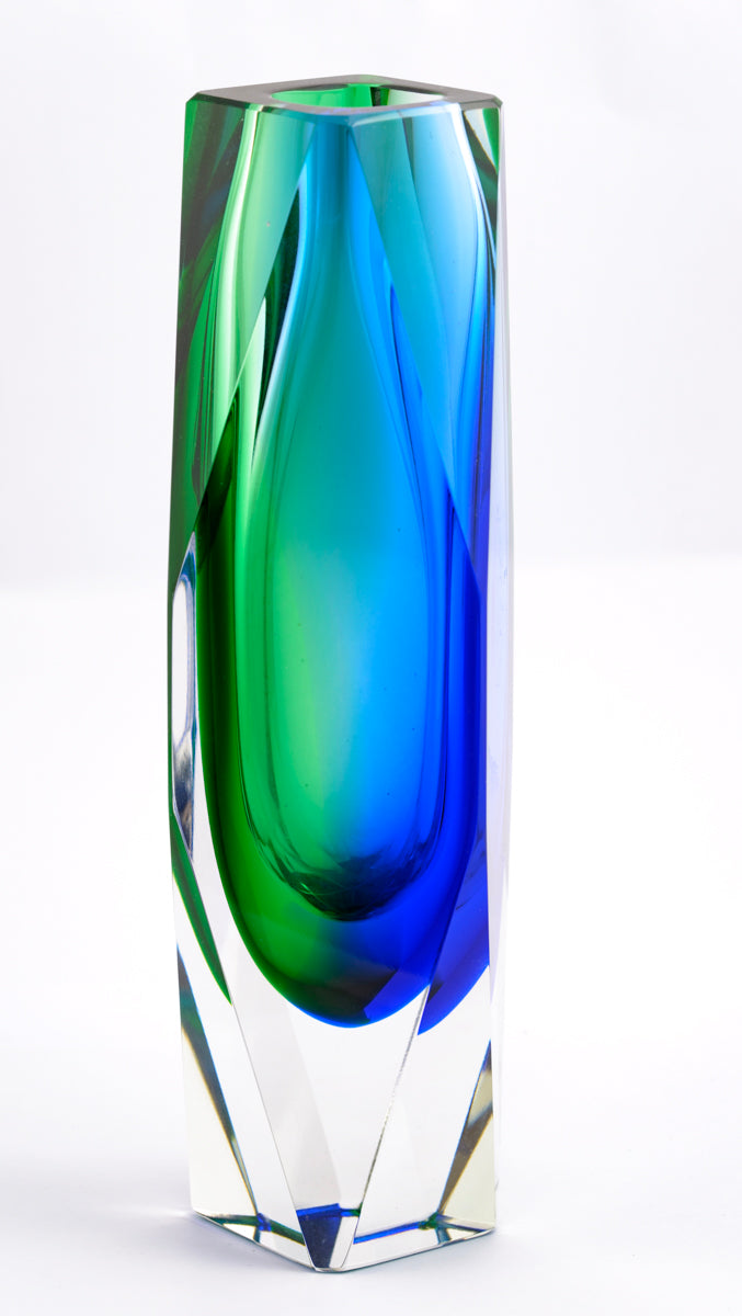 Vintage Murano Sommerso Art Glass Geode Vase Twin Colour Green/Blue (3242)