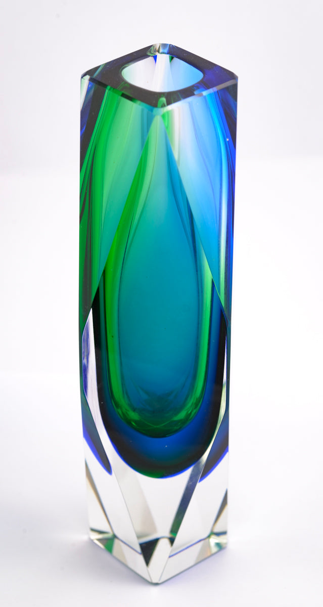 Vintage Murano Sommerso Art Glass Geode Vase Twin Colour Green/Blue (3242)