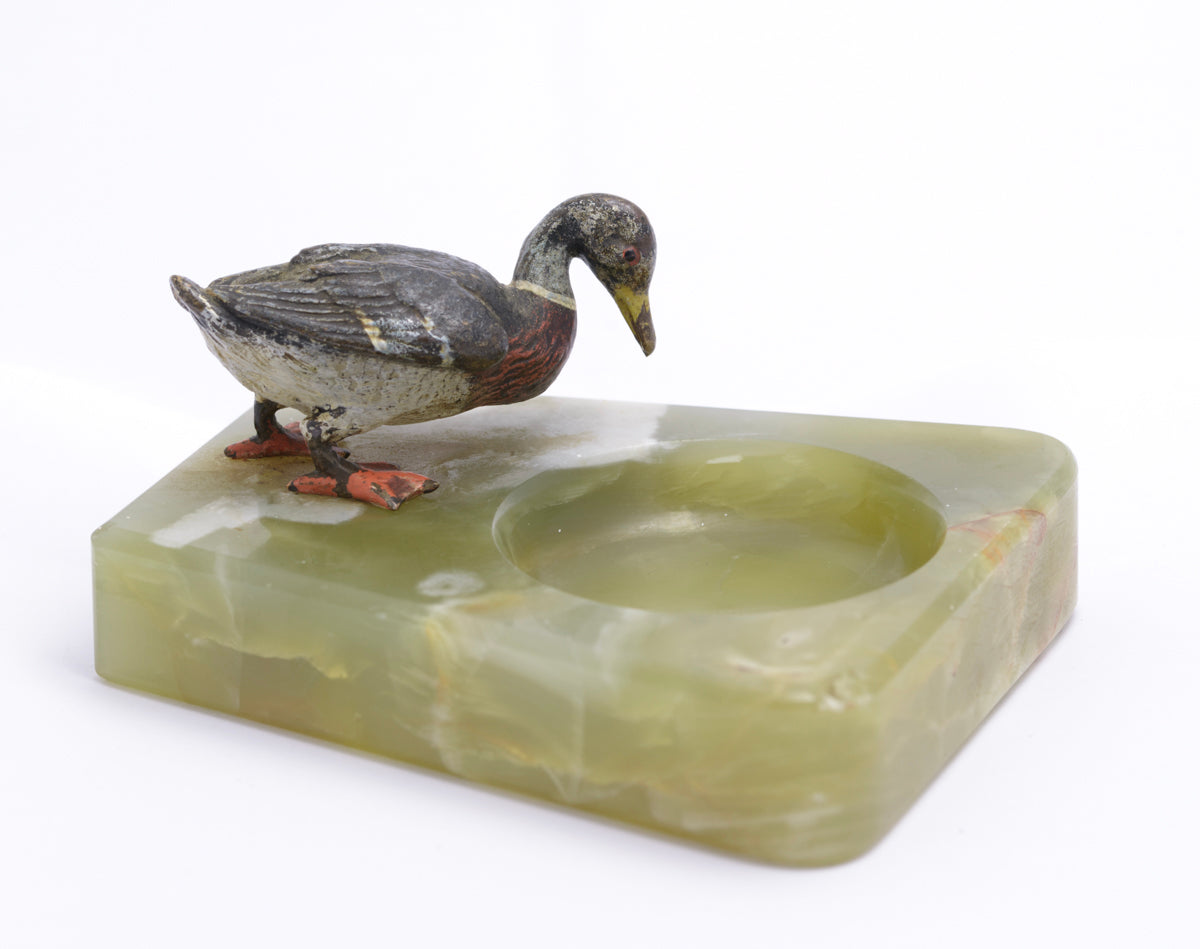 Antique Austrian Cold Painted Bronze Duck & Green Onyx Dish c.1930 (3243)