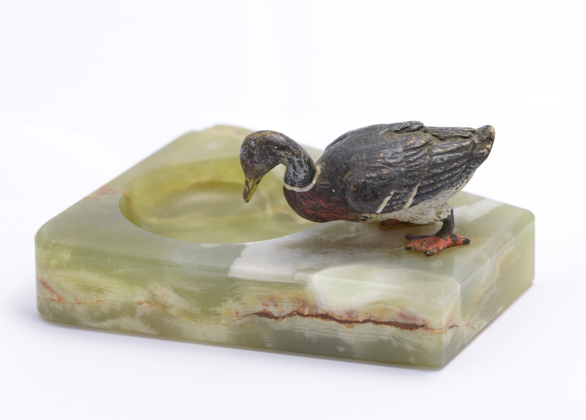 Antique Austrian Cold Painted Bronze Duck & Green Onyx Dish c.1930 (3243)