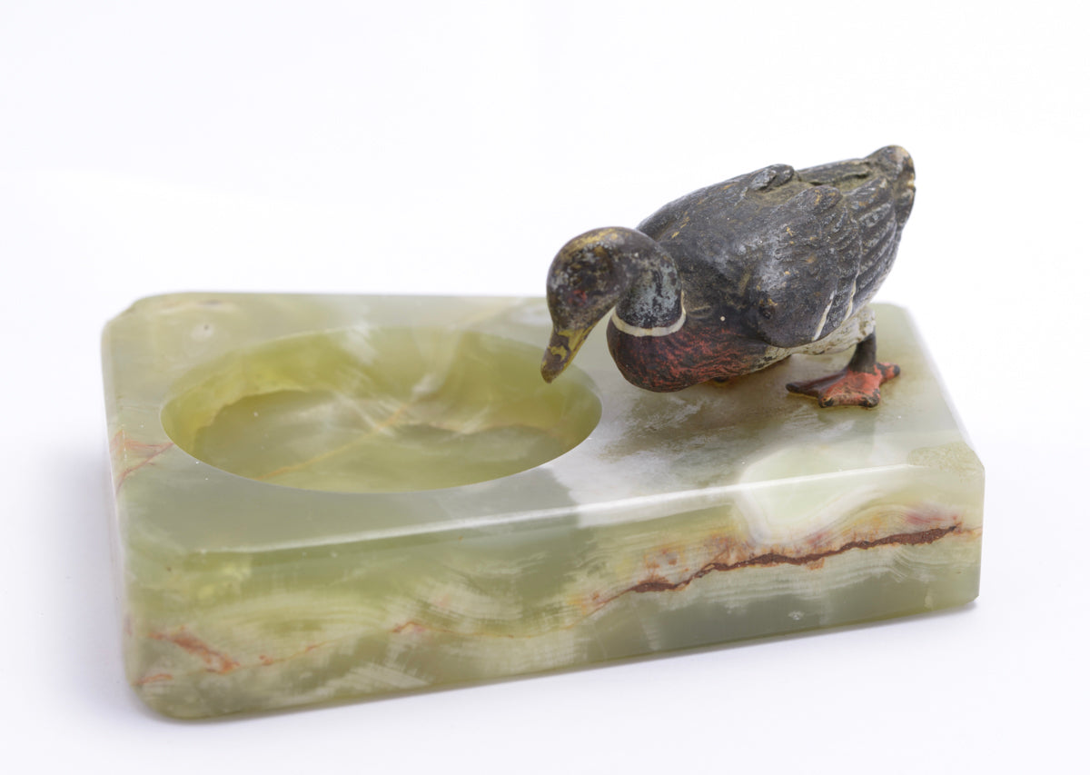 Antique Austrian Cold Painted Bronze Duck & Green Onyx Dish c.1930 (3243)