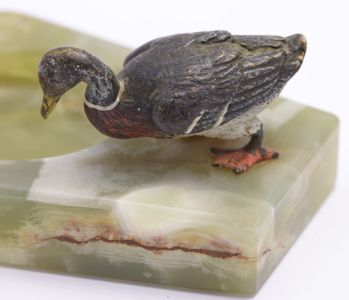 Antique Austrian Cold Painted Bronze Duck & Green Onyx Dish c.1930 (3243)