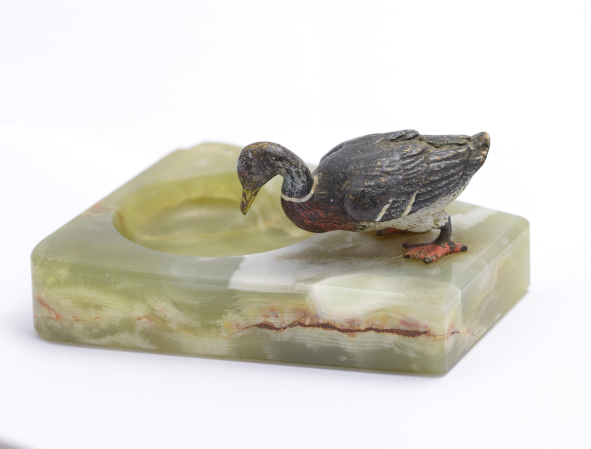 Antique Austrian Cold Painted Bronze Duck & Green Onyx Dish c.1930 (3243)