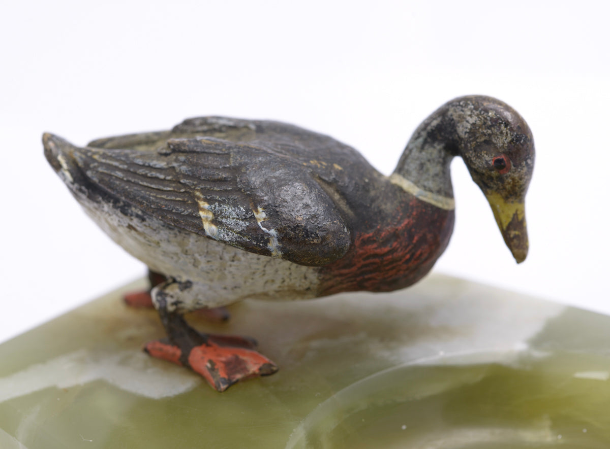 Antique Austrian Cold Painted Bronze Duck & Green Onyx Dish c.1930 (3243)