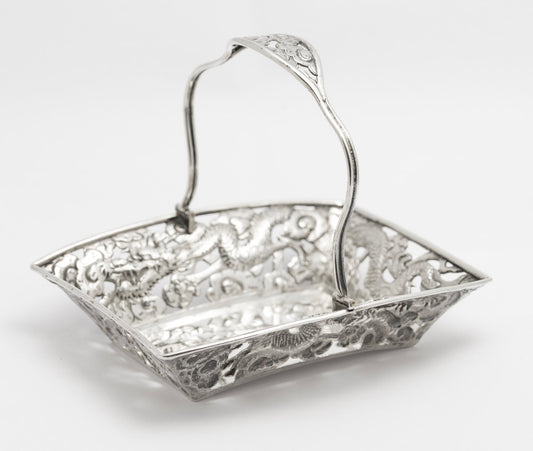 Antique Japanese Silver Swing Handle Basket Meiji Period Dragons & Clouds(3244)
