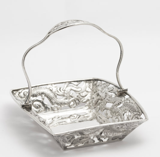 Antique Japanese Silver Swing Handle Basket Meiji Period Dragons & Clouds(3244)