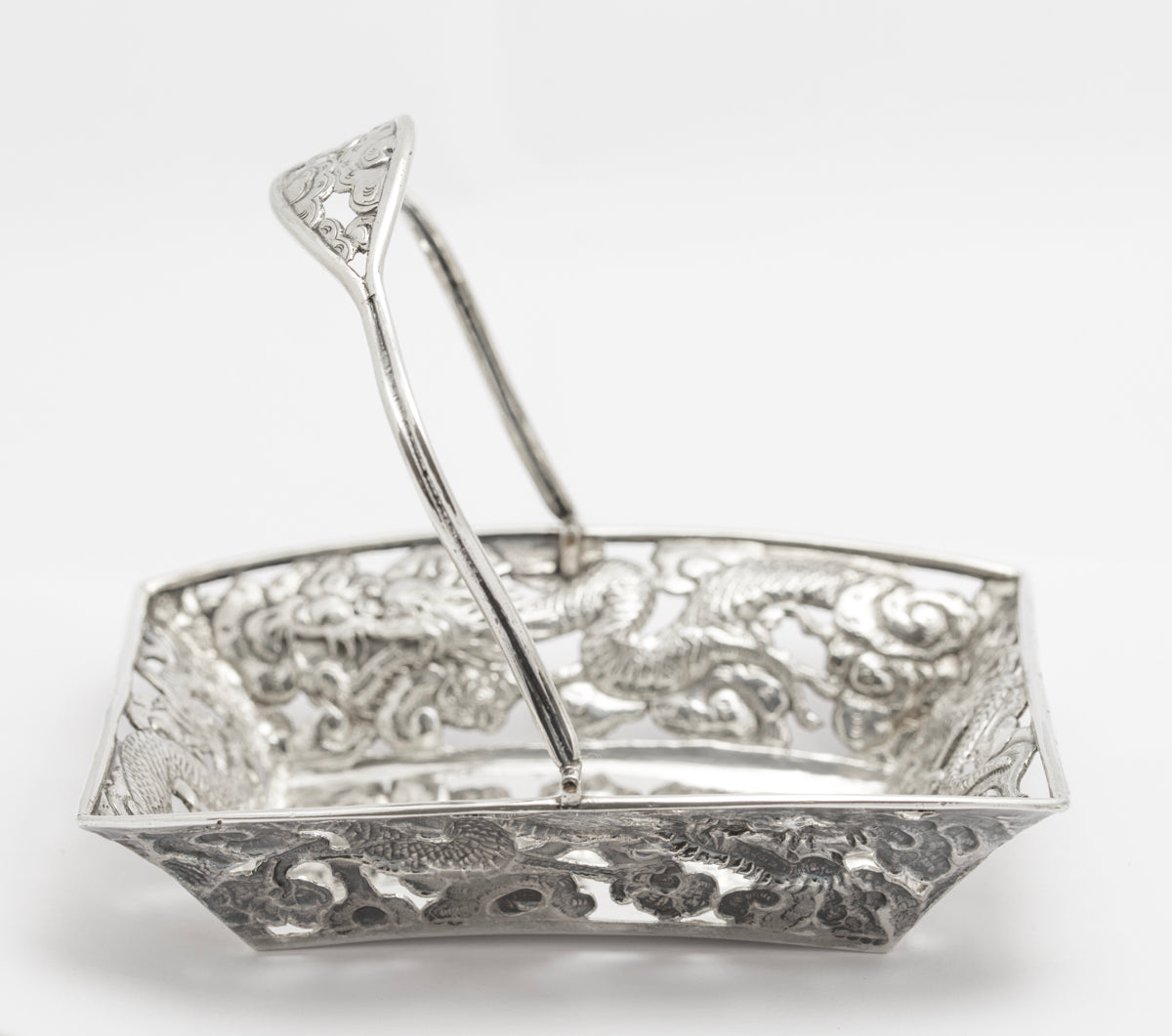 Antique Japanese Silver Swing Handle Basket Meiji Period Dragons & Clouds(3244)