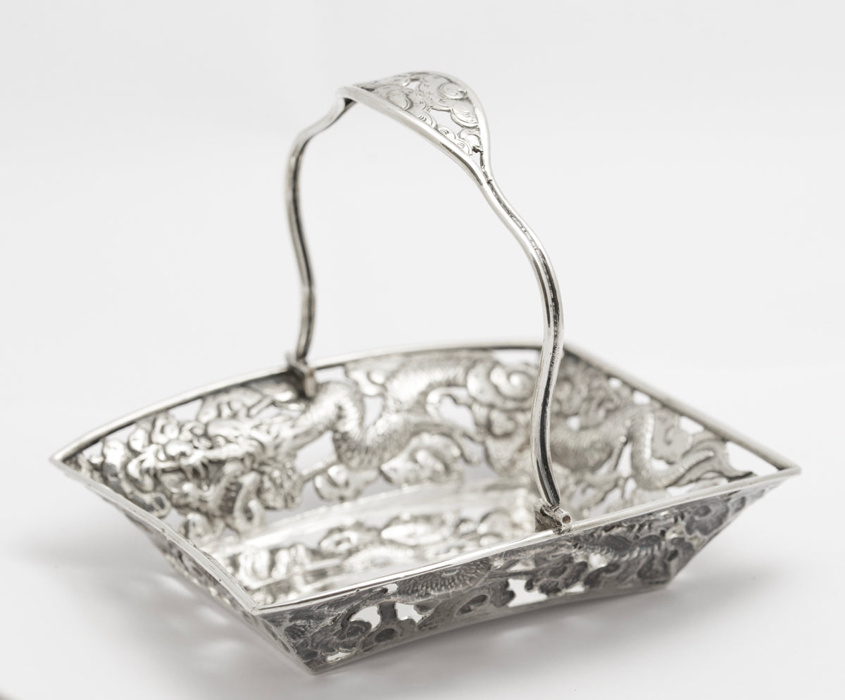 Antique Japanese Silver Swing Handle Basket Meiji Period Dragons & Clouds(3244)