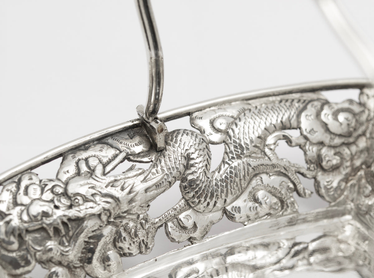 Antique Japanese Silver Swing Handle Basket Meiji Period Dragons & Clouds(3244)