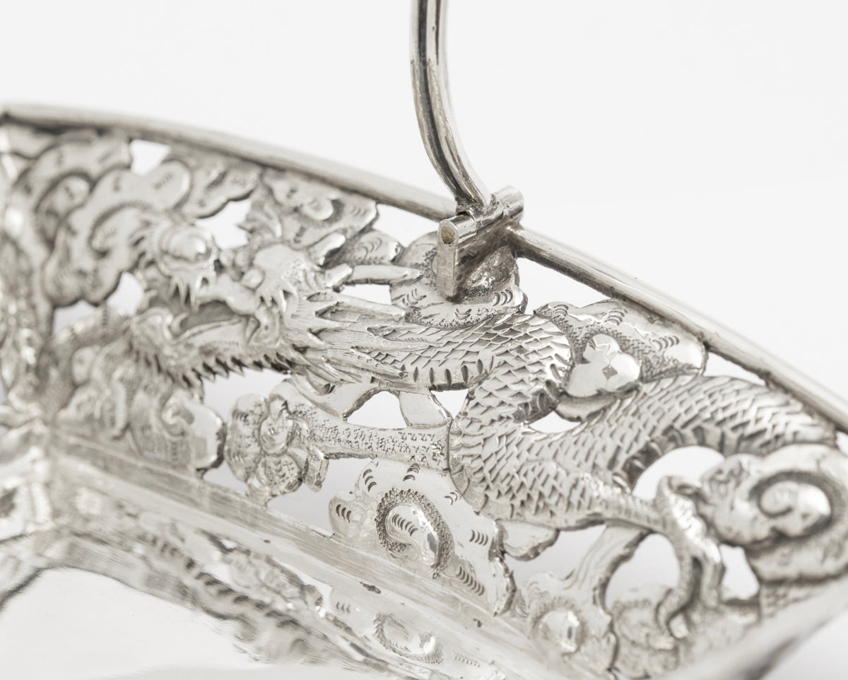 Antique Japanese Silver Swing Handle Basket Meiji Period Dragons & Clouds(3244)