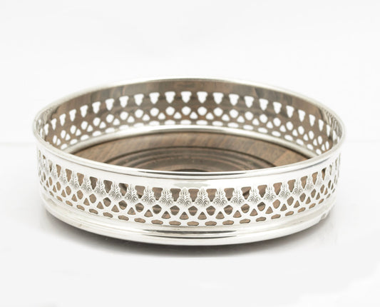 Vintage Sterling Silver & Turned Oak Decanter/Wine Bottle Coaster Hallmarked (3251)