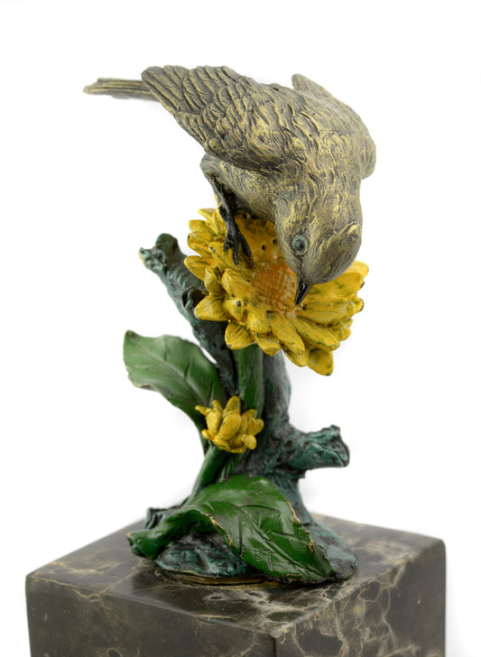 Vintage Cast Bronze Bird On Flower Figure Sculpture Signed Milo Marble Base (3253)