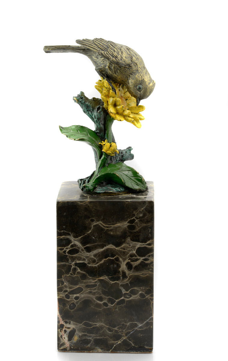 Vintage Cast Bronze Bird On Flower Figure Sculpture Signed Milo Marble Base (3253)