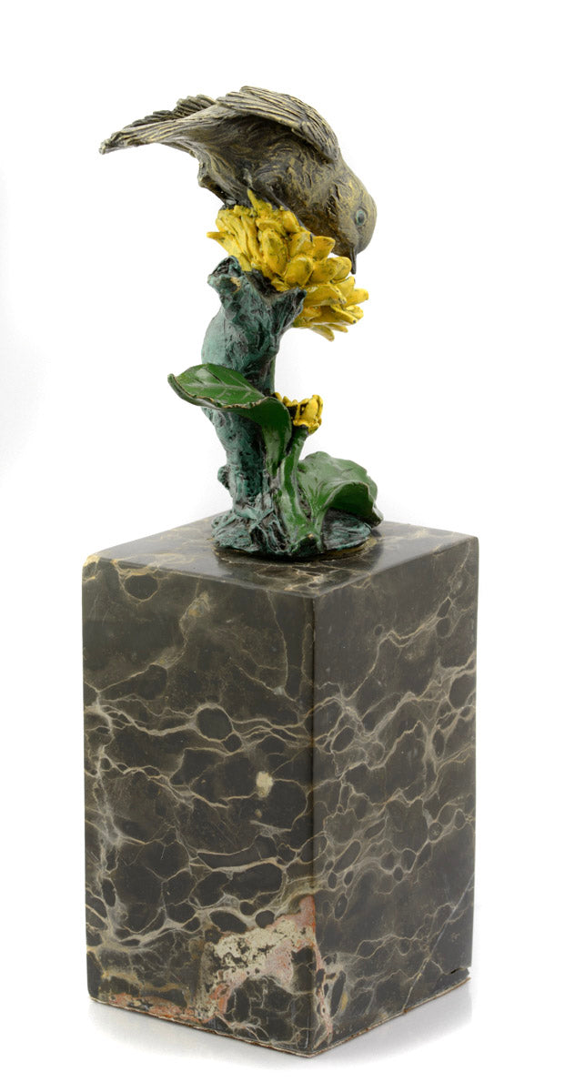 Vintage Cast Bronze Bird On Flower Figure Sculpture Signed Milo Marble Base (3253)