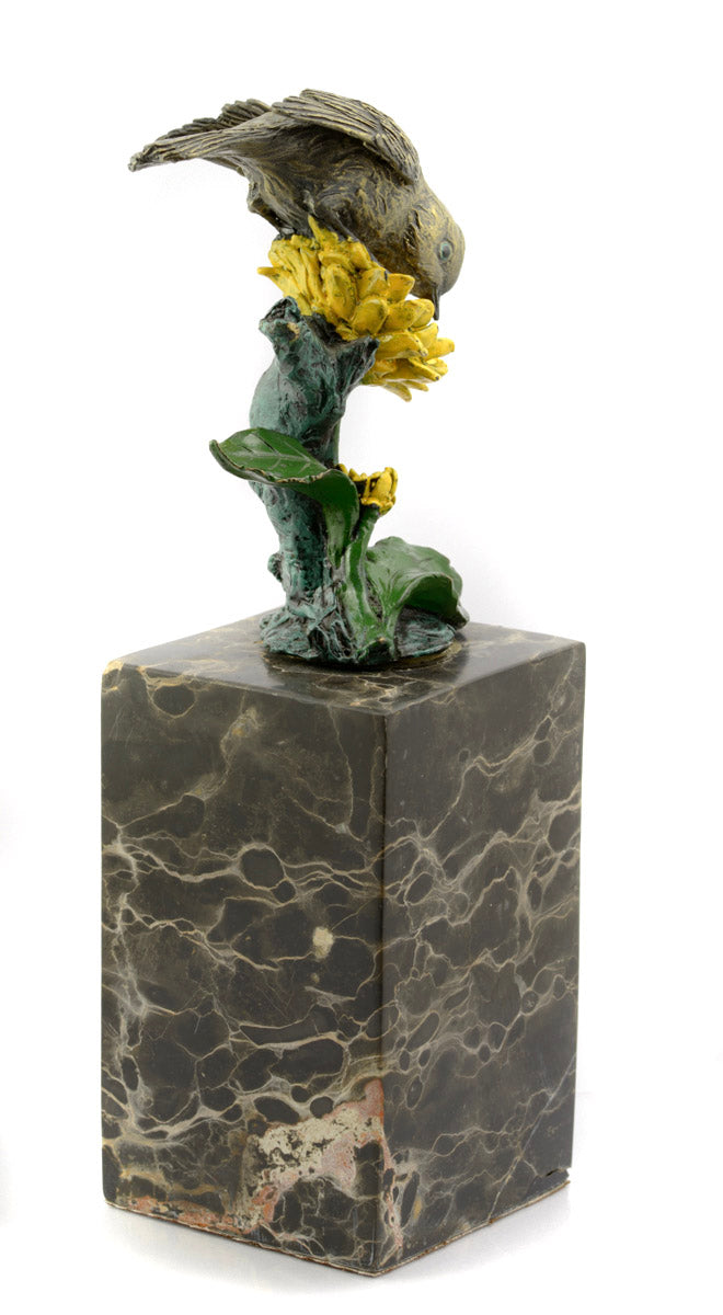 Vintage Cast Bronze Bird On Flower Figure Sculpture Signed Milo Marble Base (3253)